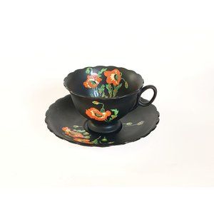 Matte Black Atlas China Teacup and Saucer, Hand Painted Orange and Yellow Poppy